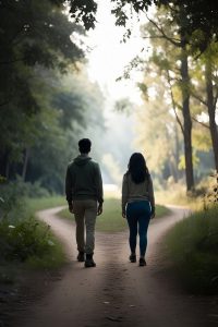 A peaceful path in nature dividing into two directions, symbolising different divorce and separation options.