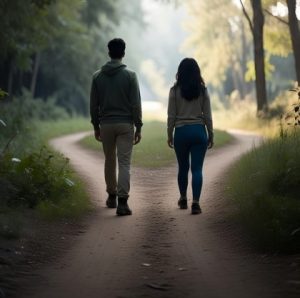 A peaceful path in nature dividing into two directions, symbolising different divorce and separation options.