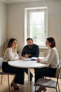 Three people seated around a round table during a first family mediation session