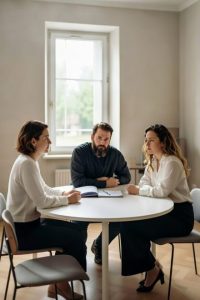 Three people seated around a round table during a first family mediation session