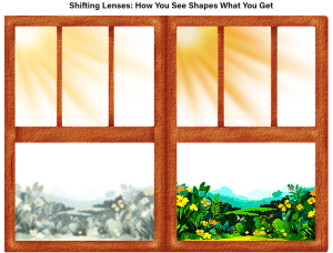 Two window frames showing a blurred and a clear garden view, symbolising clarity about family mediation