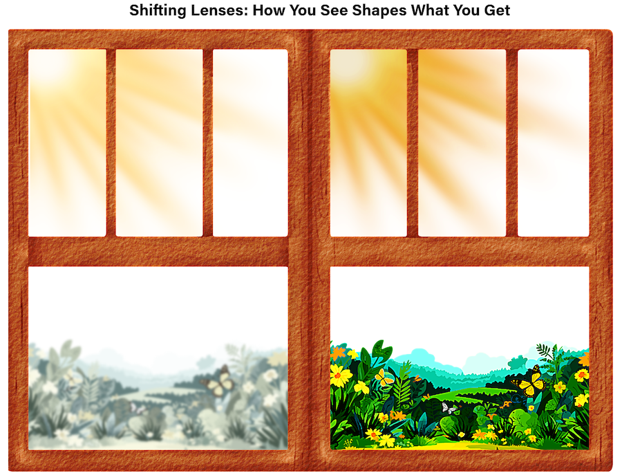 Two window frames showing a blurred and a clear garden view, symbolising clarity about family mediation