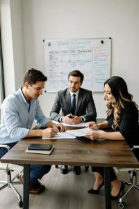 Co-parenting mediation discussion at a round table with a neutral mediator