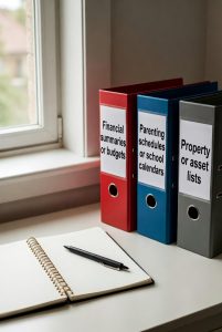 Documents and notes prepared for a family mediation or divorce planning session