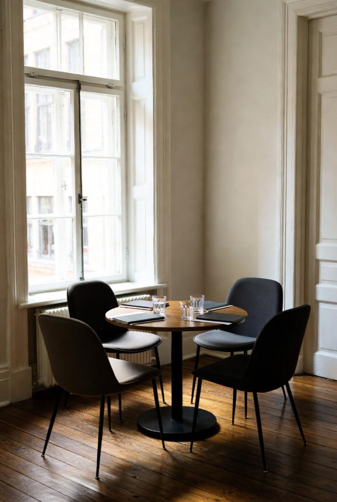 "Calm, neutral mediation meeting room with a round wooden table and three modern dark chairs arranged for discussion. Natural daylight streams through a large window, illuminating water glasses, closed notebooks, and a white tablecloth, creating a professional and welcoming space for family mediation sessions."