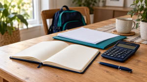 “Notebook, calculator and teal folder on a table, with a child’s schoolbag in the background.”